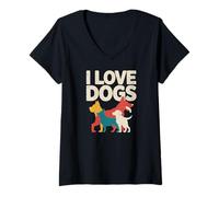 Womens I Love Dogs Colorful Silhouette Graphic V-Neck T-Shirt