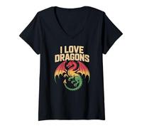 Womens I Love Dragons Retro Style Design V-Neck T-Shirt