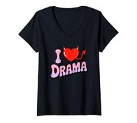 Womens I love Drama. Sweet devil Heart, Funny Ironic Humor Design V-Neck T-Shirt