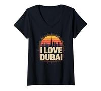 Womens I Love Dubai Sunset Skyline Silhouette V-Neck T-Shirt