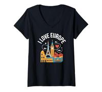 Womens I Love Europe Eiffel Tower Big Ben Colosseum V-Neck T-Shirt