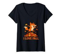 Womens I Love Fall Fox - Cute Autumn Animal V-Neck T-Shirt
