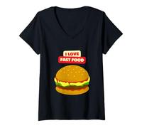 Womens I Love Fast Food Burger Fries Pizza Sandwich Cheeseburger V-Neck T-Shirt