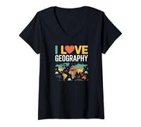 Womens I Love Geography World Map Design V-Neck T-Shirt