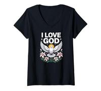 Womens I Love God Dove Peaceful Faith Symbol V-Neck T-Shirt