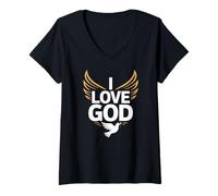 Womens I Love God Spiritual Devotion Wings Dove V-Neck T-Shirt