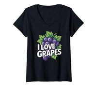 Womens I Love Grapes Grape Fruit Bunch Vineyard Wine V-Neck T-Shirt