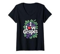 Womens I Love Grapes Purple Grapevine Fruit Vine Leaves V-Neck T-Shirt