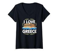 Womens I Love Greece Parthenon Sea Waves Travel V-Neck T-Shirt