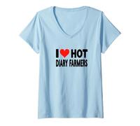 Womens I Love Hot Dairy Farmers Cow Cattle Heifer - Heart - Farming V-Neck T-Shirt