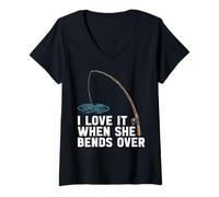 Womens I Love It When She Bends Over Bass Fishing Humor Fisherman V-Neck T-Shirt