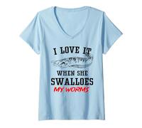 Womens I Love It When She Swallows My Worm Catfish Fishing Angler V-Neck T-Shirt