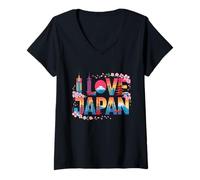Women's I Love Japan Tokyo Skyline Sakura Mount Fuji V-Neck T-Shirt