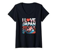 Womens I Love Japan Torii Koi Sakura Mount Fuji V-Neck T-Shirt