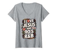 Womens I Love Jesus and 90s RNB Quote Design V-Neck T-Shirt