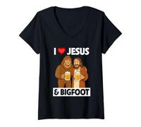 Womens I Love Jesus and Bigfoot Funny Beer Drinking Spirituality V-Neck T-Shirt