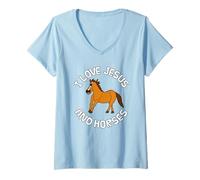 Womens I Love Jesus and Horses, Christian Horse Rider Church V-Neck T-Shirt