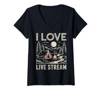 Womens I Love Live Stream Wilderness Hiking Adventure Enthusiast V-Neck T-Shirt
