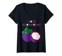 Womens I LOVE MANGOSTEEN - EXOTIC FRUIT DESIGN IN PURPLE AND GREEN V-Neck T-Shirt
