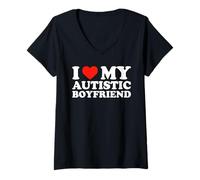 Womens I Love My Autistic Boyfriend - Funny Cute ADHD Autism Heart V-Neck T-Shirt