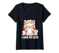 Womens I Love My Cats Gnome For Cat Lady Cute Kitten For Cat Mommy V-Neck T-Shirt