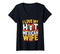 Womens I Love My Hot Mexican Wife Heart Flag Flame Pride Design V-Neck T-Shirt