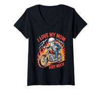 Womens I Love My Mom Very Much Biker Skull Skeleton Motorcyclist V-Neck T-Shirt