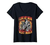 Womens I Love My Mom Very Much Biker Skull Skeleton Motorcyclist V-Neck T-Shirt