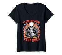 Womens I Love My Mom Very Much Biker Skull Skeleton Motorcyclist V-Neck T-Shirt