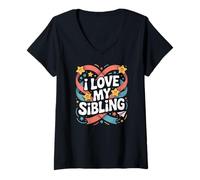 Womens I Love My Sibling Stars Hearts Ribbon V-Neck T-Shirt