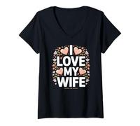 Womens I Love My Wife Heart Floral Message V-Neck T-Shirt