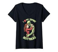Womens I Love My Zombie Boyfriend Halloween Vintage Horror Couple V-Neck T-Shirt