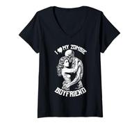 Womens I Love My Zombie Boyfriend Halloween Vintage Horror Couple V-Neck T-Shirt