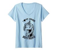 Womens I Love My Zombie Boyfriend Halloween Vintage Horror Couple V-Neck T-Shirt