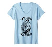 Womens I Love My Zombie Girlfriend Halloween Vintage Horror Couple V-Neck T-Shirt