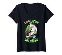 Womens I Love My Zombie Girlfriend Halloween Vintage Horror Couple V-Neck T-Shirt
