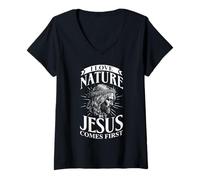 Women's I Love Nature BUT Jesus Comes First V-Neck T-Shirt