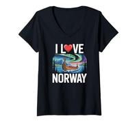 Womens I Love Norway Northern Lights Viking Ship V-Neck T-Shirt