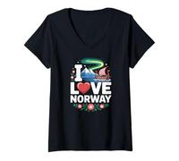 Womens I Love Norway Viking Ship Northern Lights V-Neck T-Shirt