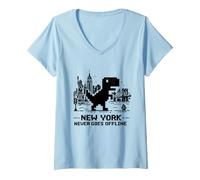 Women's I Love NYC, New York Never Goes Offline Retro Pixel Dinosaur V-Neck T-Shirt