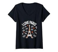 Womens I Love Paris Eiffel Tower Croissants Hearts V-Neck T-Shirt