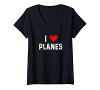 Womens I Love Planes - Heart - Distressed - Airplanes Pilot Airport V-Neck T-Shirt