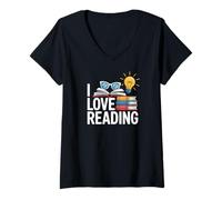 Womens I Love Reading Book Lover Bibliophile Library V-Neck T-Shirt