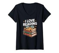 Womens I Love Reading Enthusiast Book Stack Design V-Neck T-Shirt