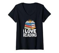 Womens I Love Reading Stack of Books Open Book V-Neck T-Shirt