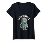 Womens I Love Robots Cute Retro Robot Cartoon Design V-Neck T-Shirt
