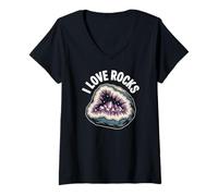 Womens I Love Rocks Geode Gemstone Crystal Lover V-Neck T-Shirt