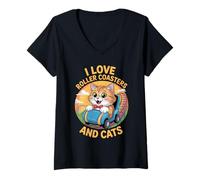 Womens I Love Roller Coasters And Cats Amusement Park V-Neck T-Shirt