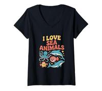 Womens I Love Sea Animals Cute Ocean Creatures V-Neck T-Shirt
