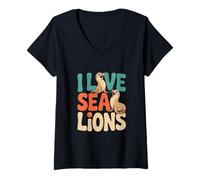 Womens I Love Sea Lions Marine Life Fans V-Neck T-Shirt